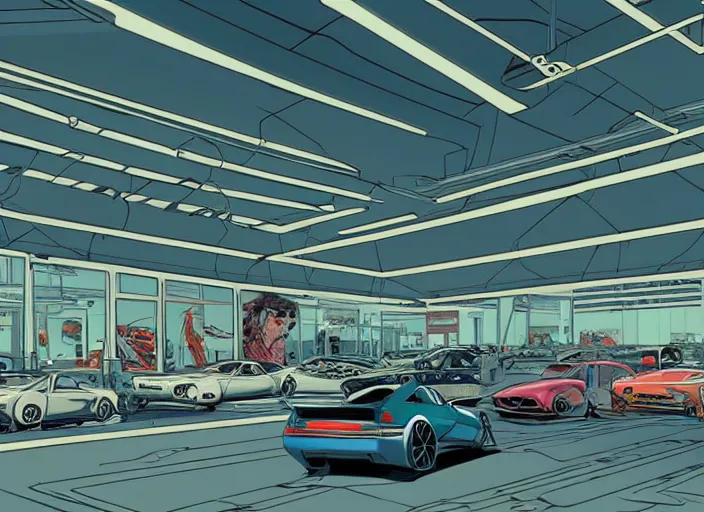 Image similar to large fancy showroom for cars but no people and no cars. sharp focus, cinematic pose, cinematic lighting, unreal engine render. art by josan gonzales and moebius and deathburger.