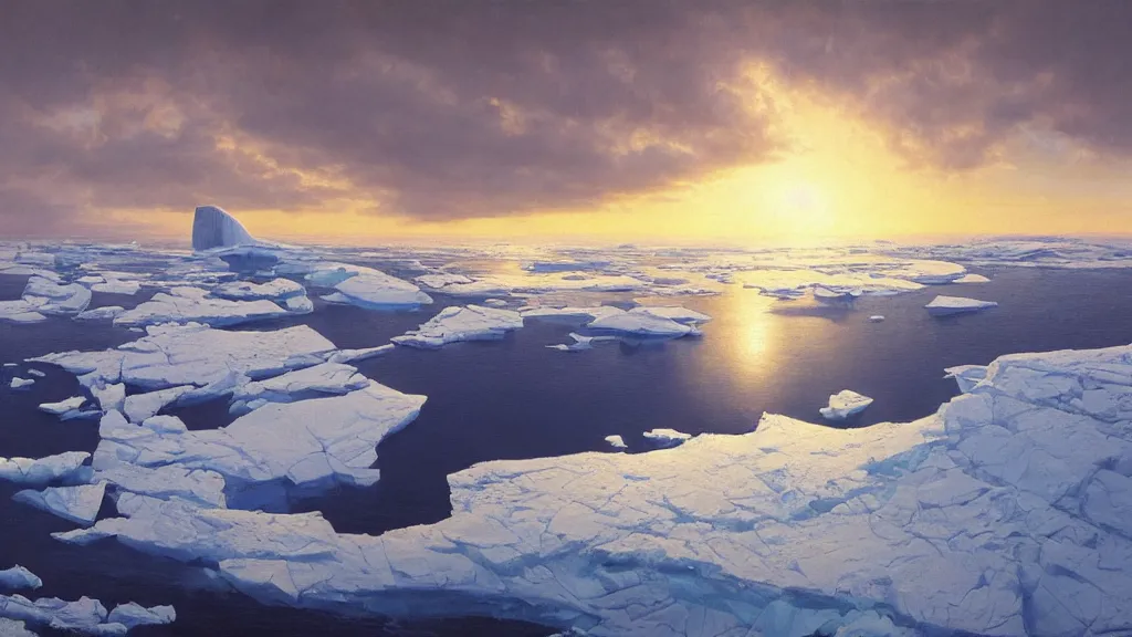 Image similar to the most beautiful panoramic landscape, oil painting, where a giant iceberg is lost in the frozen artic ocean, a giant polar bear is exhaling steam while walking over the iceberg, the frozen artic ocean is reflecting the giant polar bear and the ray lights of the sunrise are brightening him, by greg rutkowski