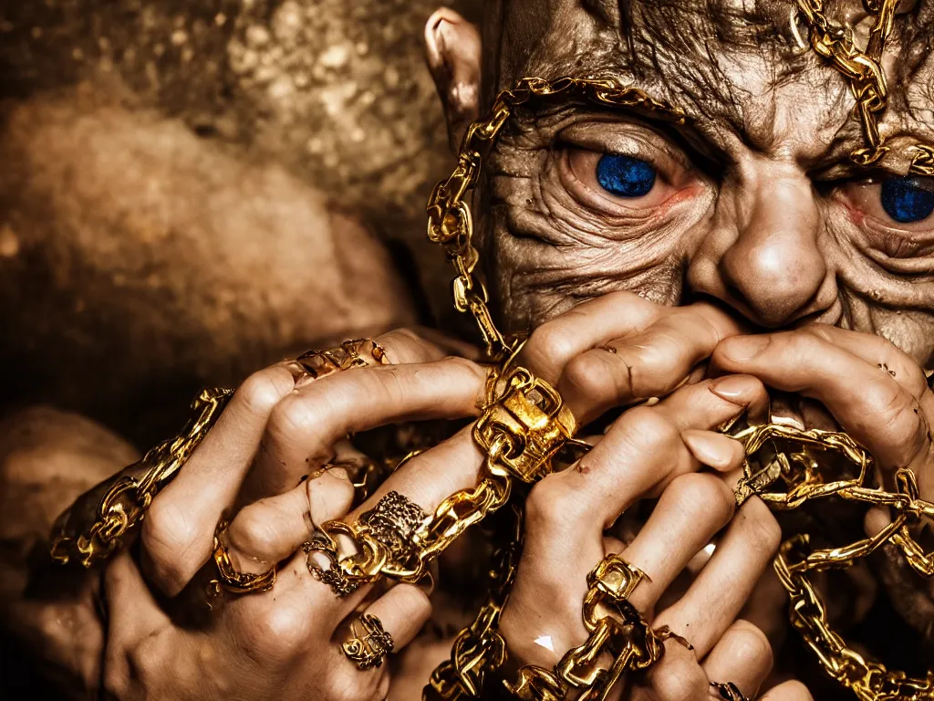 Prompt: gollum wearing gold rings, chains and earrings in a dungeon, bling, hip hop style, tattoos, imax, foggy atmosphere, bokeh, professional studio shot, stylized photo