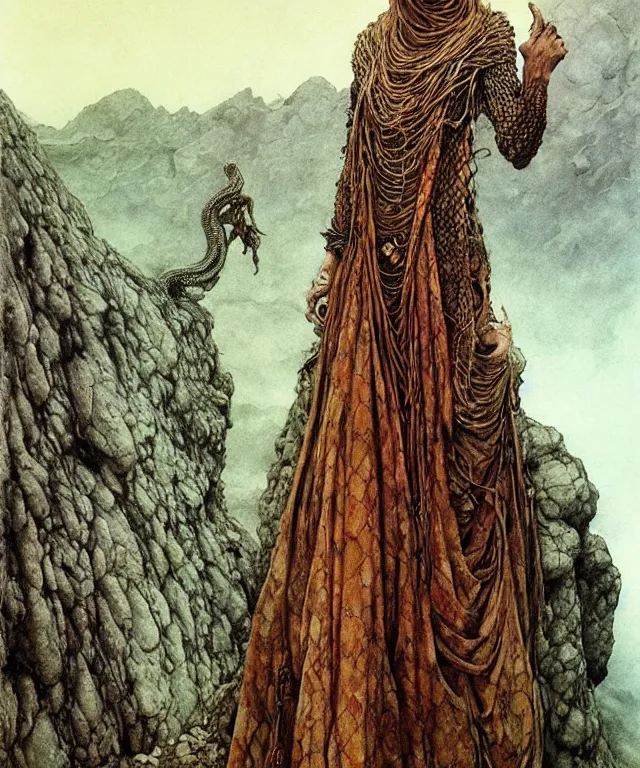 Prompt: A detailed snakewoman stands among the hills. Wearing a ripped mantle, robe. Extremely high details, realistic, fantasy art, solo, masterpiece, art by Zdzisław Beksiński, Arthur Rackham, Dariusz Zawadzki