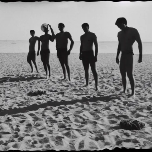 Prompt: old monochromatic photograph of the avengers playing beach volley