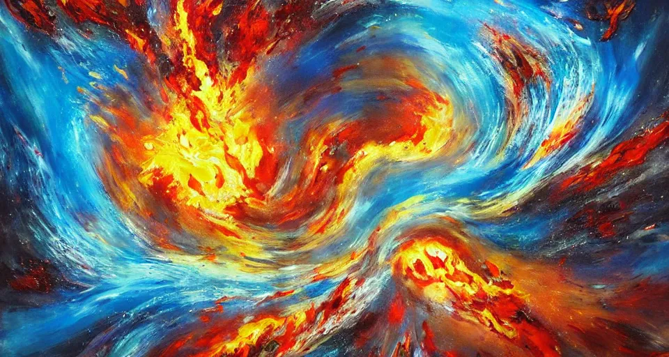 Prompt: award winning painting, planet of water crashing into a planet of fire, bright explosion