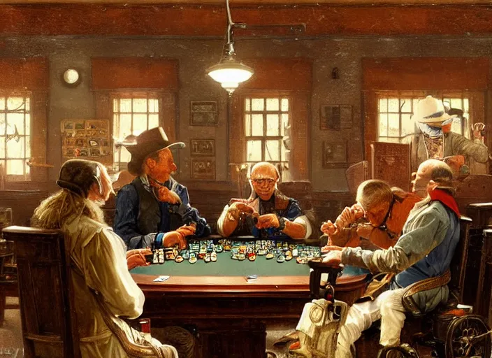 Image similar to isaac newton and stephen hawkins playing poker in an old west saloon, intricate, highly detailed, centered, digital painting, artstation, concept art, smooth, sharp focus, illustration, art by james gurney and norman rockwell and greg rutkowski