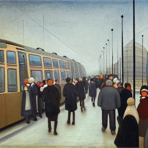 Image similar to painting of swedish commuters heading to the central business district of stockholm, painted by laurence stephen lowry, oil on canvas, national gallery