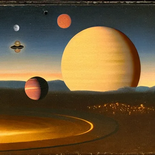 Prompt: evening landscape with two planets in the sky, ( ( ( retrofuturism ) ) ),