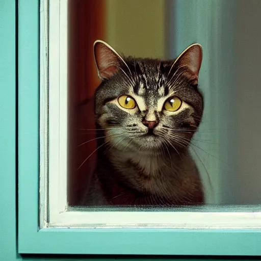 Image similar to cat looking to the window, movie frame by wes anderson.