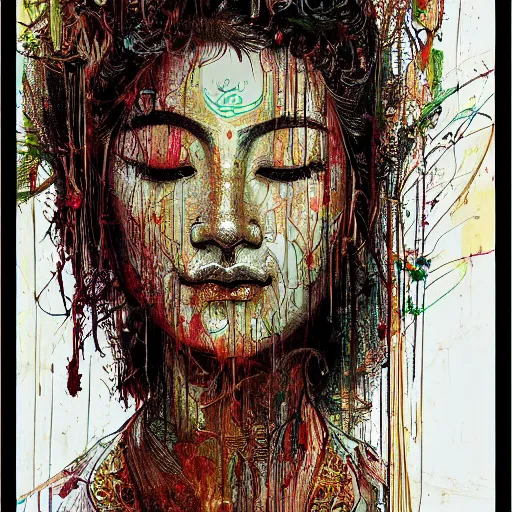 Image similar to contented female bodhisattva, praying meditating, realism, elegant, intricate, close up, portrait photograph by Carne Griffiths and David Cronenberg