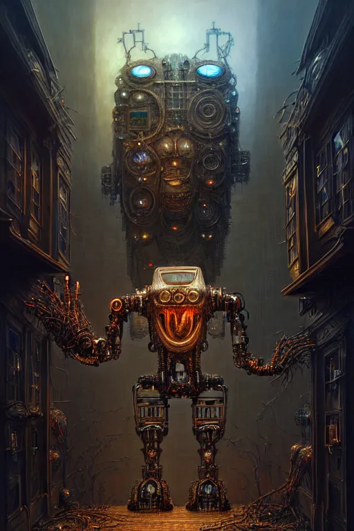 Image similar to A photorealistic 3d render of a robot monster cyborg made of circuits wide view shot by ellen jewett , tomasz alen kopera and Justin Gerard symmetrical features, ominous, magical realism, texture, intricate, ornate, royally decorated, android format, windows, many doors, roofs, complete house , whirling smoke, embers, red adornments, red torn fabric, radiant colors, fantasy, trending on artstation, volumetric lighting, micro details, 3d sculpture, ray tracing, 8k