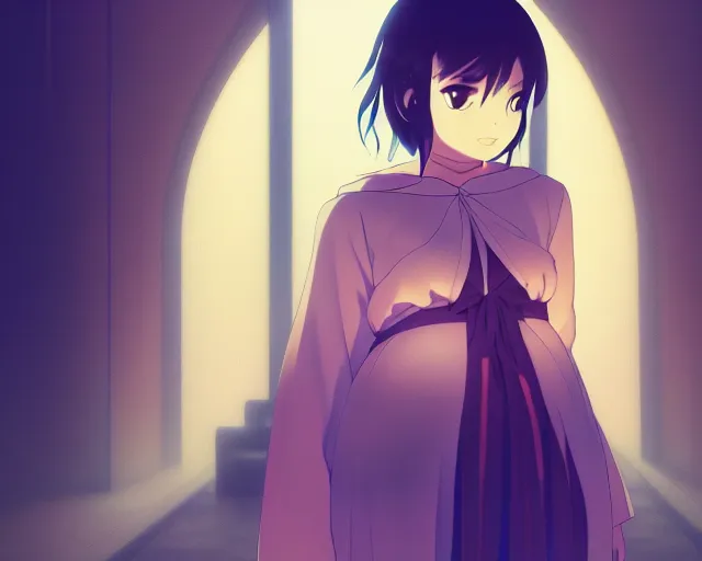 Prompt: anime visual, portrait of a young beautiful pregnant demon hunter in a temple interior, cute face by yoh yoshinari, katsura masakazu, cinematic luts, cold studio lighting, dynamic pose, dynamic perspective, strong silhouette, anime cels, ilya kuvshinov, cel shaded, crisp and sharp, rounded eyes, moody