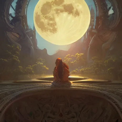 Prompt: Big full moon, highly detailed, digital painting, artstation, concept art, smooth, sharp focus, illustration, Unreal Engine 5, 8K, art by artgerm and greg rutkowski and alphonse mucha