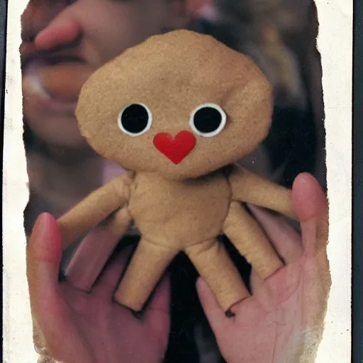 Image similar to a cute puppet made of fingers and hands, old photo, expired color film, damaged photo, 1975