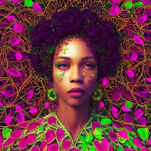 Image similar to the portrait of an absurdly beautiful, graceful, elegant, sophisticated, fashionable black woman made of strawberries and green petals looking up, an ultrafine hyperdetailed illustration by kim jung gi, irakli nadar, intricate linework, bright colors, octopath traveler, final fantasy, unreal engine 5 highly rendered, global illumination, radiant light, detailed and intricate environment