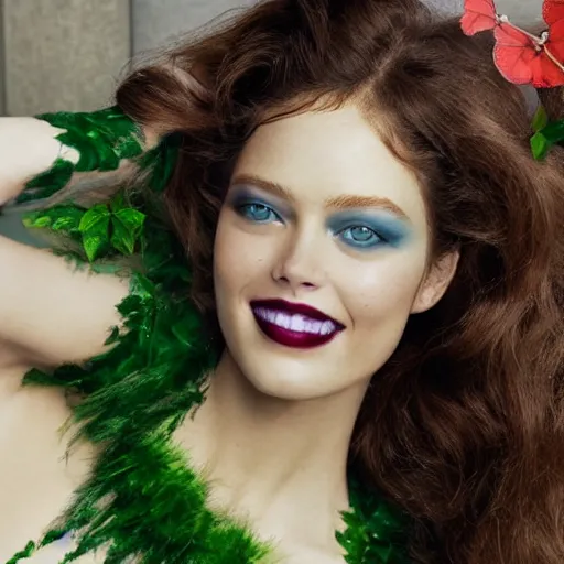 Image similar to A beautiful portrait of Emily Didonato smiling as Poison Ivy from Batman at Chanel & maybelline fashion show as a model Spring/Summer 2018, highly detailed, in the style of cinematic, Milan fashion week backstage, Extreme close up, Makeup by Pat McGrath, Hair by Guido Palau, Greg rutkowski