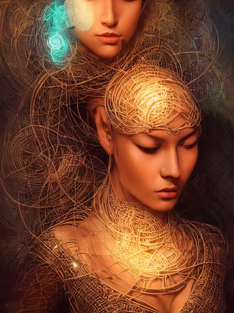 Image similar to a centered render of an alluring mystical tribal goddess adorned with cables and synthesizer parts is surrounded by sacred geometry, full body, gorgeous face, perfect face, powerful, cinematic, beautifully lit, by artgerm, by karol bak, 3 d, trending on artstation, octane render, 8 k