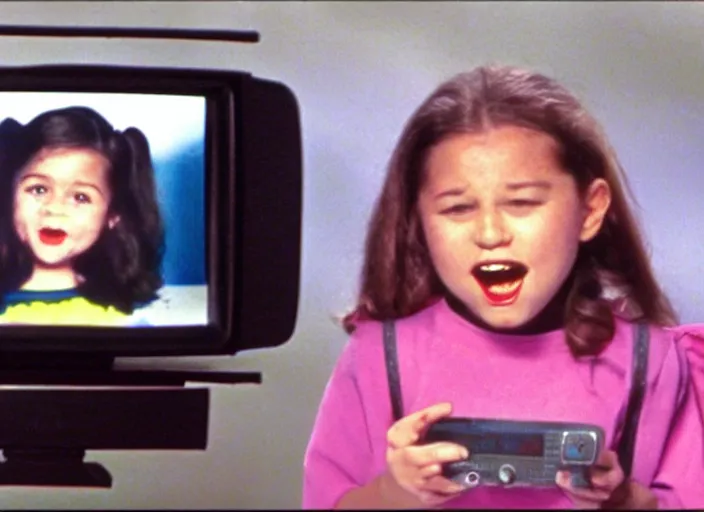 Prompt: Funny TV show in 90s. Color VHS footage. A 10-years-old girl singing on the small stage in the TV studio.