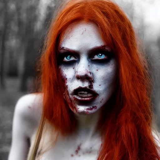 Image similar to close up portrait photo of a real beauty redhead zombie, 8k,