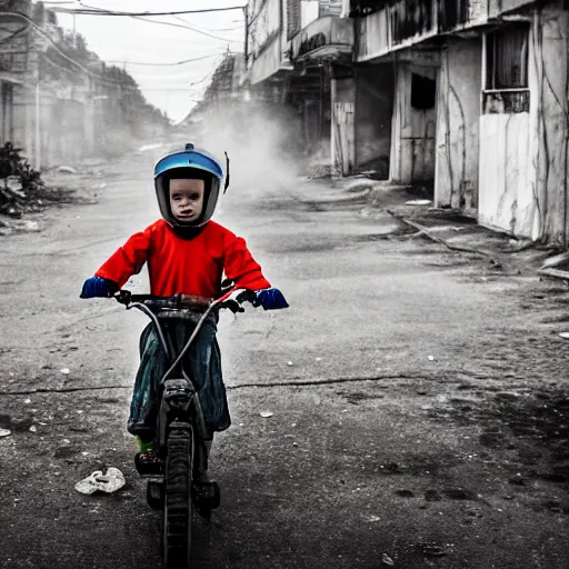 Image similar to a photo of a boy wearing a hazmat suit, riding a bike, side-view, smoke in the background, filthy streets, broken cars. Vines growing. Jpeg artifacts. Full-color photo. Color color color color color. Award-winning photo. Samyang/Rokinon Xeen 50mm T1.5