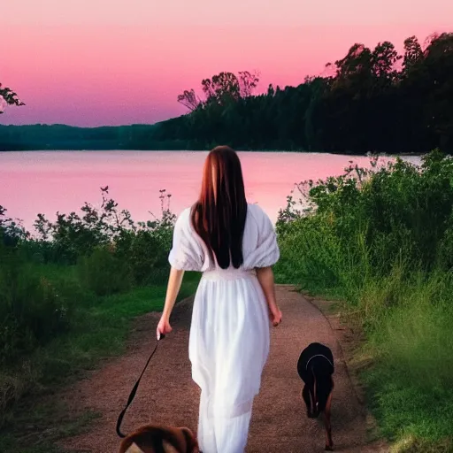 Prompt: a beautiful girl wearing white dresses beautiful face, clear facial features, walking with a dog, john martin landscape lake evening, pastel pink and blue colors