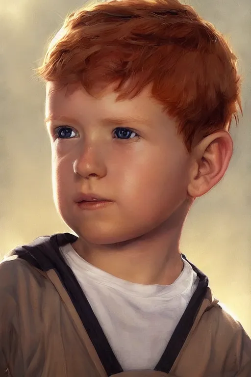 Image similar to a little boy with a michievous face and ginger hair. he is dressed as a superhero. clean elegant painting, beautiful detailed face. by artgerm and greg rutkowski