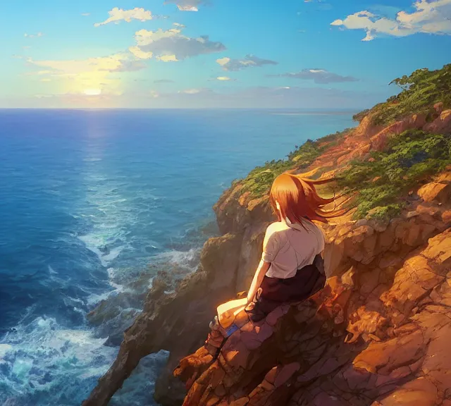 Prompt: a auburn-colored sitting on a cliff overlooking the sea. Atmospheric lighting, sunset, blue sea. By Makoto Shinkai, Stanley Artgerm Lau, WLOP, Rossdraws, James Jean, Andrei Riabovitchev, Marc Simonetti, krenz cushart, Sakimichan, trending on ArtStation, digital art.