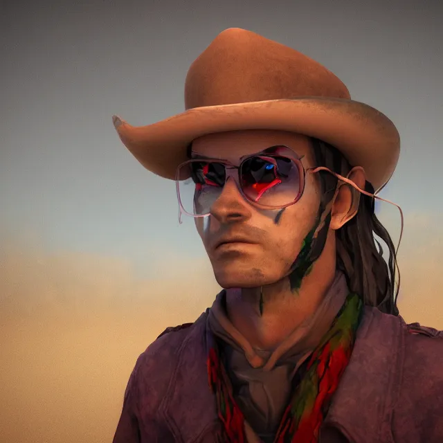 Prompt: a portrait of a bloody mysterious colorful cowboy in a foggy desert, cartoon, unreal engine, octane render, artstation, digital art.
