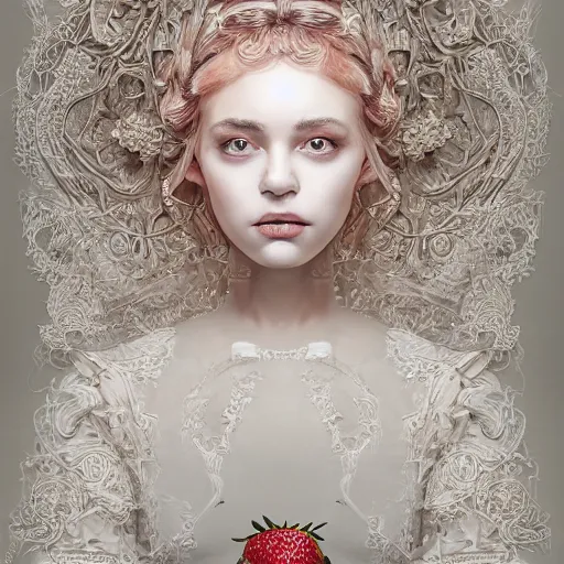 Image similar to the portrait of an absurdly beautiful, graceful, elegant, sophisticated, fashionable young woman made of strawberries and white petals with tears, an ultrafine hyperdetailed illustration by kim jung gi, irakli nadar, intricate linework, bright colors, octopath traveler, final fantasy, unreal engine 5 highly rendered, global illumination, radiant light, detailed and intricate environment