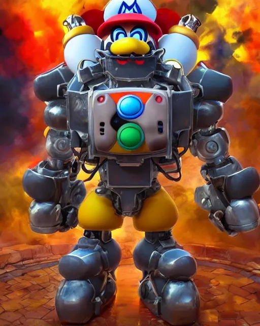 Image similar to Nintendo's Mario as a Mecha, hyperdetailed, full body, LED effects, professional paint job, distressed paint, dynamic low angle shot, photoreal, caustics, octane render, redshift render, Vray render, all in focus, unreal engine, post processing, ultra detailed, trending on artstation