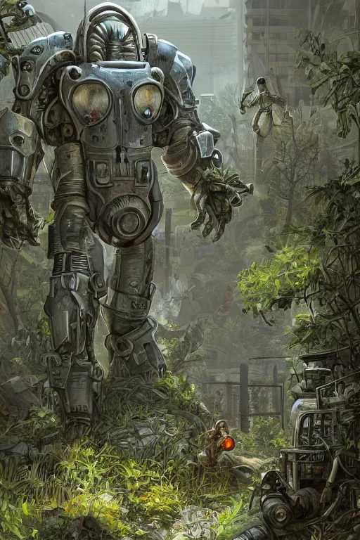 Image similar to Power armor enclave from Fallout 2 stands on a street overgrown with plants, high detail, digital painting, artstation, concept art, smooth, clear focus, illustrations, realism,