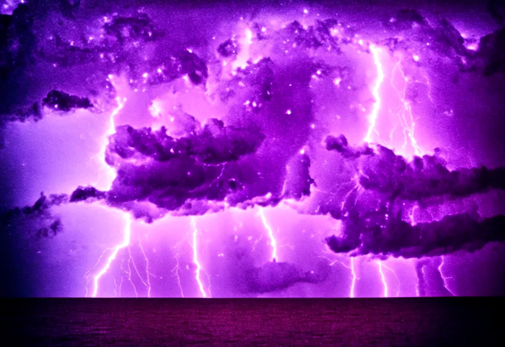 Image similar to purple color lighting storm with stormy sea, pirate ship firing its cannons trippy nebula sky with dramatic clouds 50mm shot fear and loathing movie