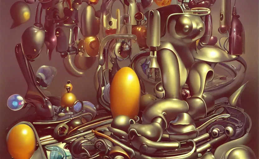 Image similar to strange curvy seductive futuristic robot body, enticing colorful oil painting dutch golden age vanitas eros still life sparse composition with bulbous objects strange gooey transparent surfaces shiny metal reflections bizarre mutant meat insects rachel ruysch dali todd schorr very detailed perfect composition rule of thirds masterpiece canon 5 0 mm, cinematic lighting, photography, retro, film, kodachrome