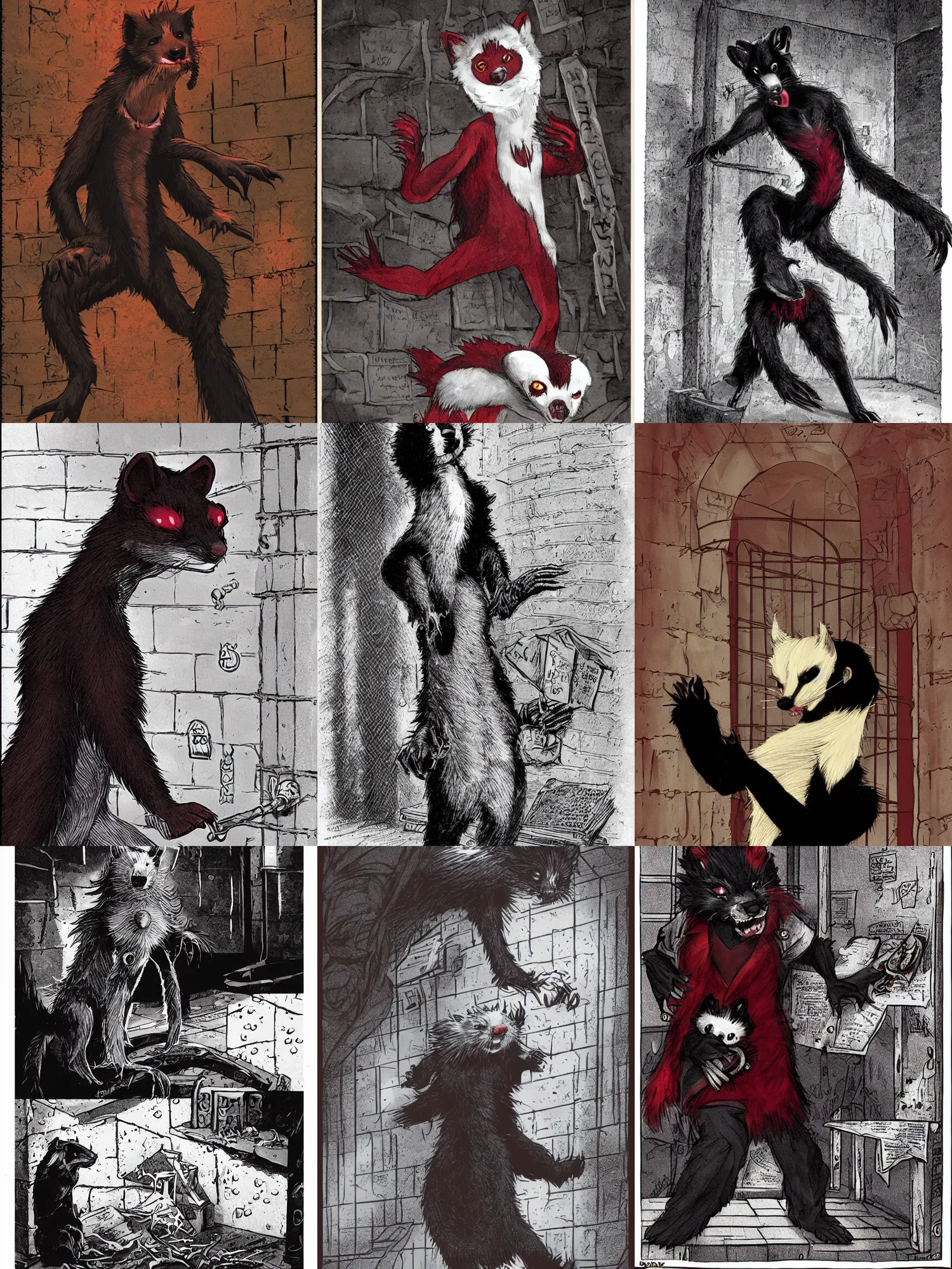 Prompt: vampire : the masquerade ( world of darkness ) source book illustration of an anthropomorphic red - black furry weasel - ferret - stoat fursona ( from the furry fandom ) in prisoner's regalia, in a prison cell, scratching at the walls, pen detailing