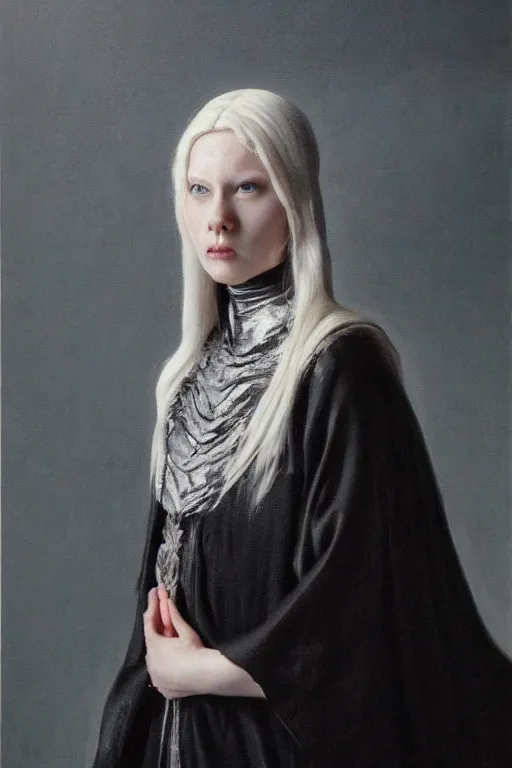 Image similar to hyperrealism oil painting, close - up portrait of albino medieval fashion model, black silk, steel gradient mixed with nebula sky, in style of baroque