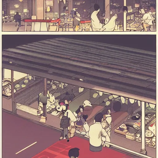 Image similar to a hawker centre at night, by satoshi kon