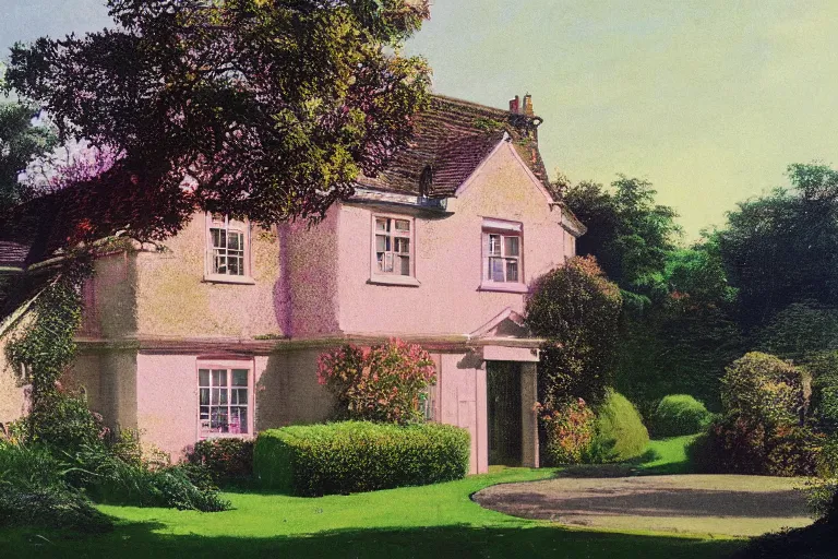 Image similar to vaporwave, an estate agent listing photo, external view of a 5 bedroom detached countryside house in the UK, by Paul Lehr