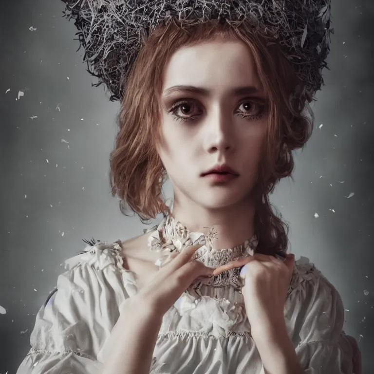 Image similar to hight focus of a wonderful realistic focused sweet wonderful symmetrical mid portrait of a lonely very beautiful lady, with a cotton dress ornate by a realistic black plumes, image in center, dramatic light, octane render - 8 k