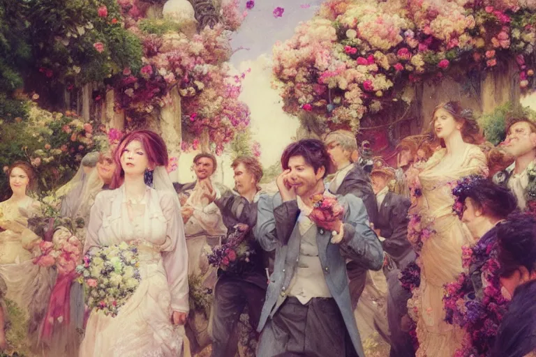 Image similar to the groom look at the bride at a wedding full of flowers, bright and happy, dreamlike art, highly detail, 4 k realistic, wedding photoy krenz cushart, artem demura, yoji shinkawa artgerm, jon lothian, danilo torres. adi meyers. thomas reimann. gaston bussiere.