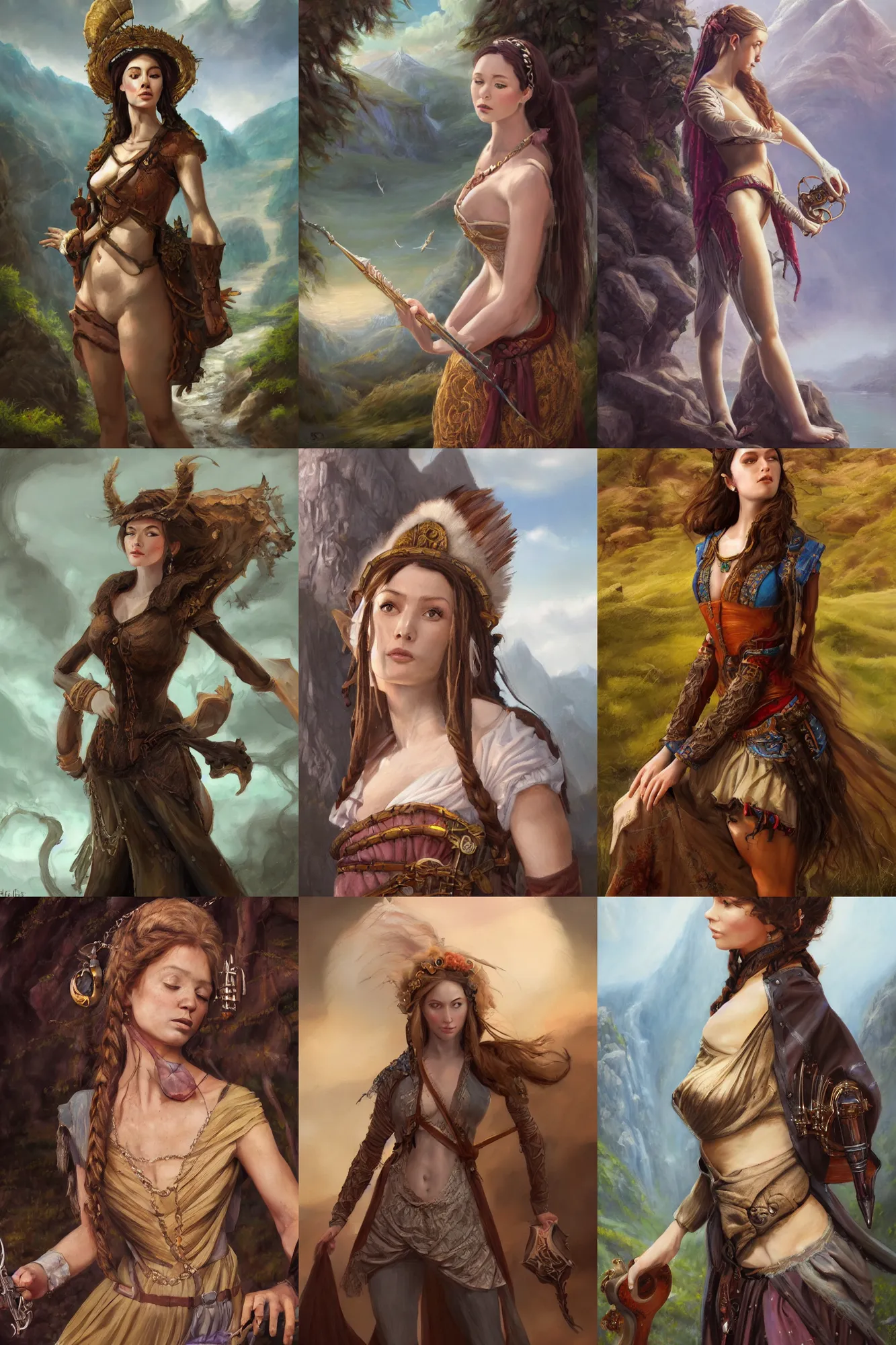 Prompt: a full body high detail fantasy portrait oil painting illustration of a single beautiful sophisticated bard woman by justin sweet with face and body clearly visible, in a scenic background, pupils visible, realistic proportions, d & d, rpg, forgotten realms, artstation trending, high quality, sombre mood, artstation trending, muted colours, entire person visible!