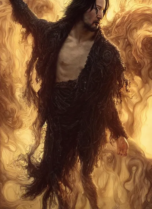 Prompt: keanu reeves as sandman elemental, with fingers and hair turning into smoke, fantasy, intricate, elegant, highly detailed, digital painting, artstation, concept art, wallpaper, smooth, sharp focus, illustration, art by artgerm and greg rutkowski and alphonse mucha