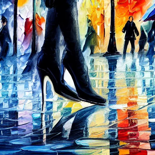 Image similar to close up of a womans high-heel shoe stepping into a shallow rain puddle on a busy crosswalk, by Leonid Afremov, matte painting, hyperrealism