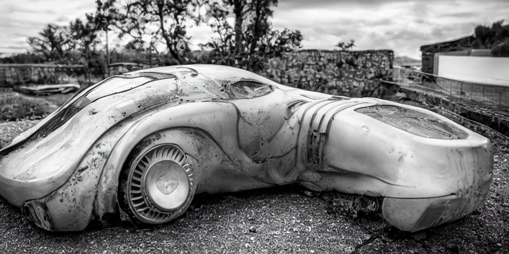 Image similar to Photo of a dirty silver sports car designed by Rene Lalique, sigma 50mm, ƒ/8, hyper detailed.