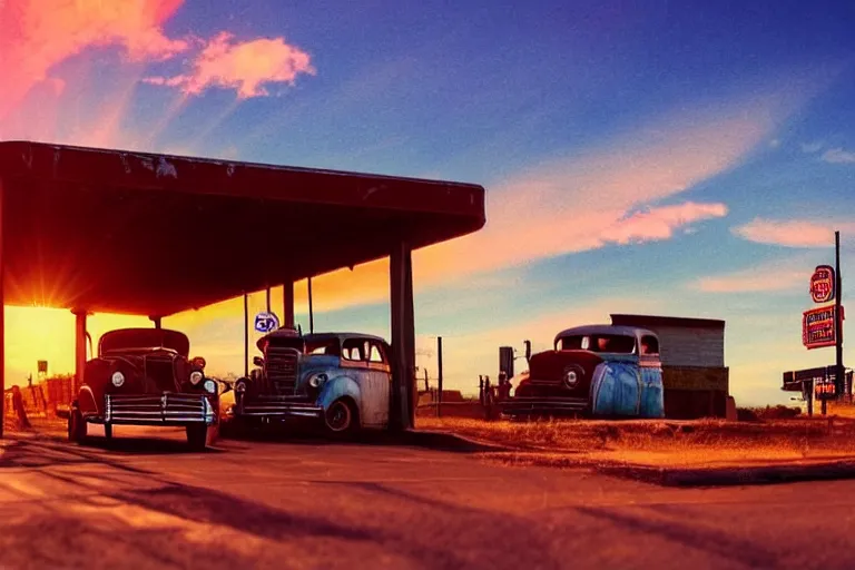 Image similar to a sunset light landscape with historical route 6 6, lots of sparkling details and sun ray ’ s, blinding backlight, smoke, volumetric lighting, colorful, octane, 3 5 mm, abandoned gas station, old rusty pickup - truck, beautiful epic colored reflections, very colorful heavenly, softlight