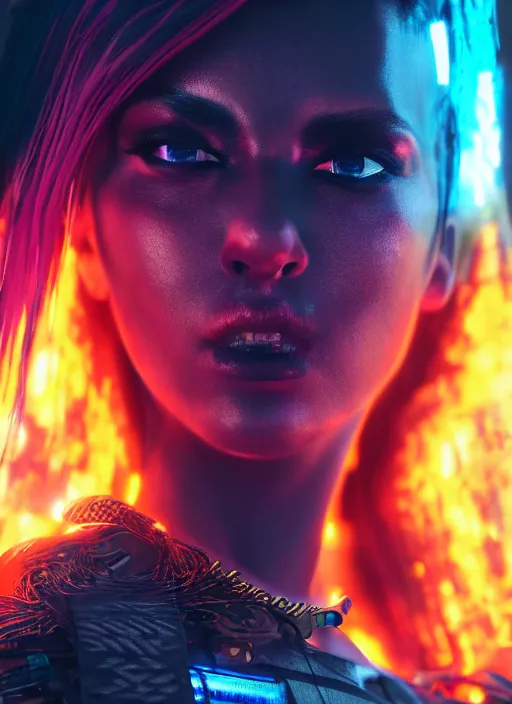 Image similar to Cyberpunk warrior with flaming hair, light atmosphere, neon, cinematic shot, intricate, ornate, photorealistic, ultra detailed, realistic, 100mm, photography, octane, high definition, depth of field, bokeh, 8k, artstation