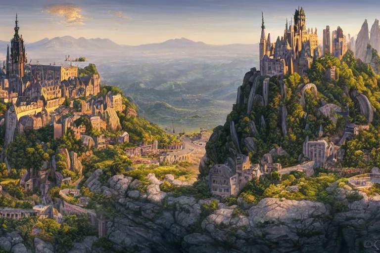 Image similar to an ultra detailed matte landscape painting of an german renaissance capital city built into the side of a mountain with many tall spirally towers, sweeping vista, tiny coastal fishing village very far away, ultrawide lens, aerial photography, 8 k, volumetric lighting, smooth, highly detailed, digital illustration, art by greg rutkowski and akira toriyama and artgerm