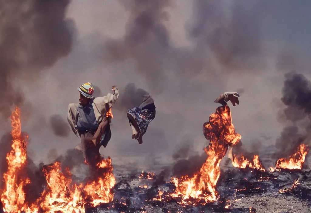 Image similar to fashion editorial in Kuwait oil fields burning fire burning. 1991. highly detailed. depth of field. high definition. 8k. photography.