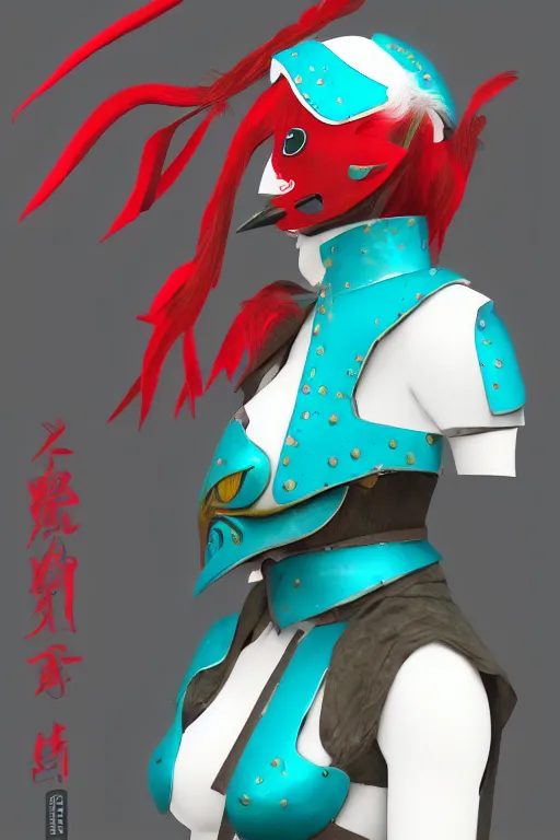 Image similar to female adventurer in tight full - body teal leather armor of japanese design with red accents and a white porcelain crow mask, trending in artstation, establishing shot