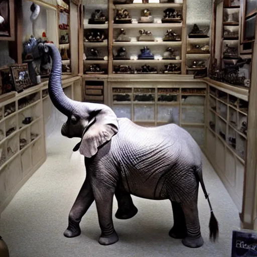 Prompt: realistic stunned elephant in a porcelain shop