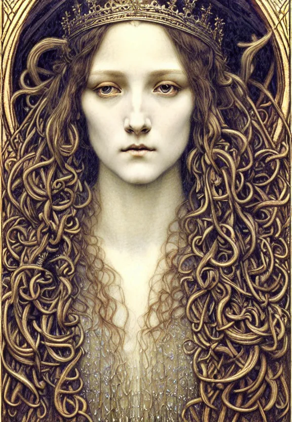 Image similar to detailed realistic beautiful young medieval queen face portrait by jean delville, gustave dore and marco mazzoni, art nouveau, symbolist, visionary, gothic, pre - raphaelite. horizontal symmetry