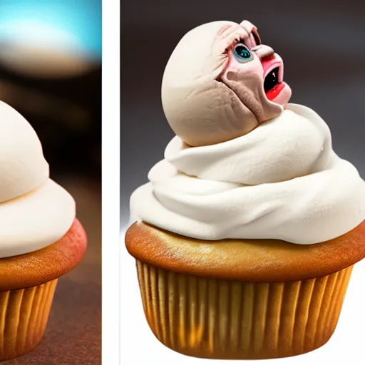 Image similar to ice cream cupcake shaped like screaming chucky doll, octane render, centered, highly detailed