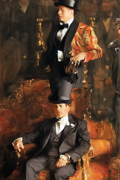 Image similar to portrait of a respectable dignified royal business elite politician wearing a lisa frank top hat and tuxedo, art by anders zorn, wonderful masterpiece by greg rutkowski, beautiful cinematic light, american romanticism by greg manchess, jessica rossier
