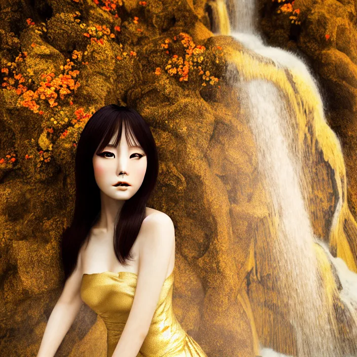 Prompt: Kodak Portra 400, 8K, soft light, volumetric lighting, highly detailed, Rena Nounen style 3/4 ,portrait photo of a Japanese ravishing Goddess by WLOP, the face emerges from a lava flowing gold travertine terraces with lotus flowers, inspired by Ophelia paint , a beautiful chic dress and hair are intricate with highly detailed realistic beautiful flowers , Realistic, Refined, Highly Detailed, ethereal lighting colors scheme, outdoor fine art photography, Hyper realistic, photo realistic